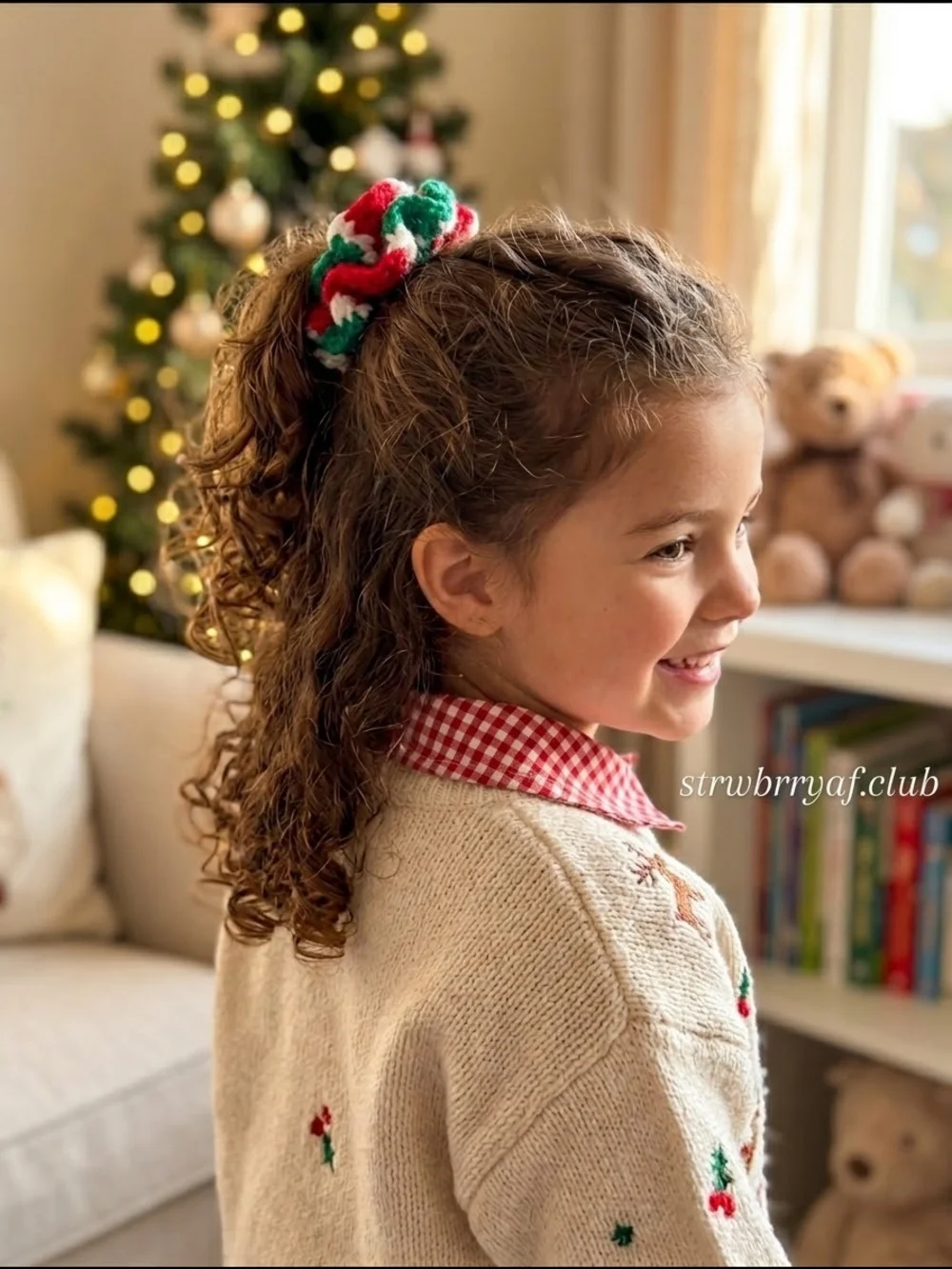 Handmade Red, Green & White Holiday Scrunchie for Kids